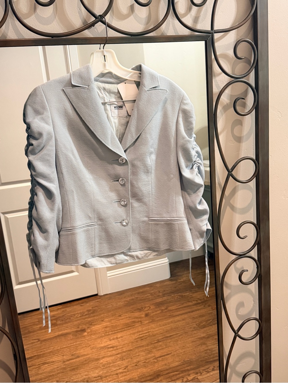 Moschino Cheap and Chic Soft seaglass blue green Women’s Ruched Sleeve Jacket